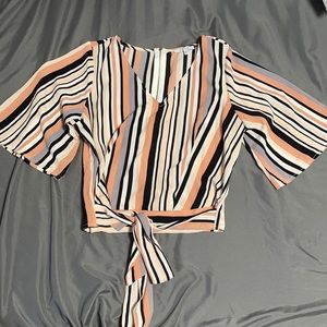 Women’s small Iris pink white purple & black striped v-neck top